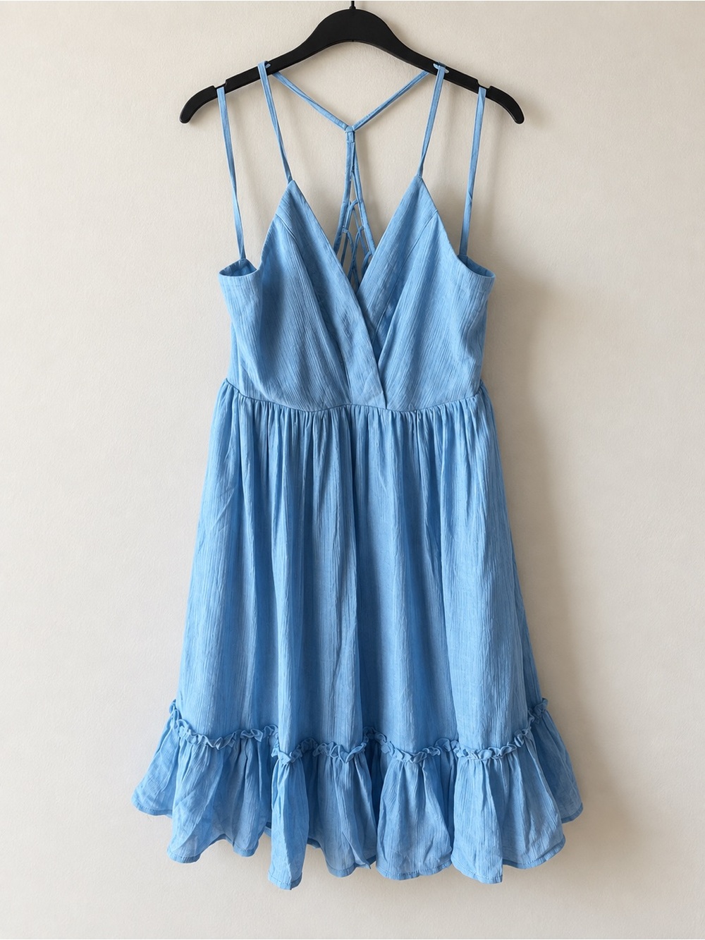 New In Sky Blue Back Lattice Mini Dress Boho Coastal Casual NWT S #1374